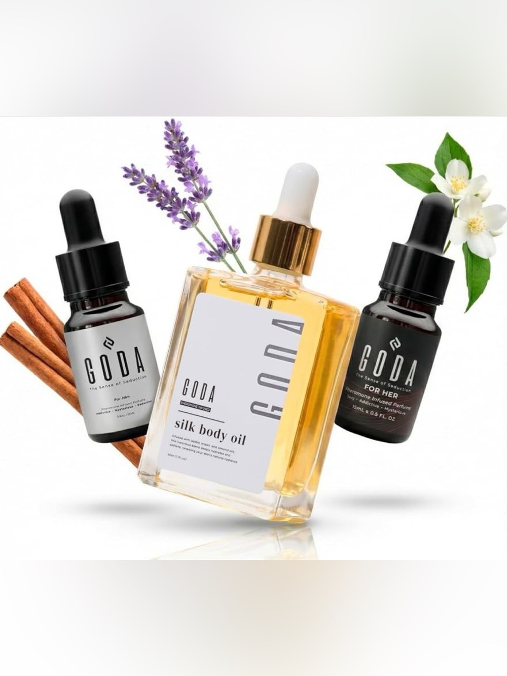GODA Gift Set: Silk Body Oil, For Her Fragrance Oil, and For Him Fragrance Oil